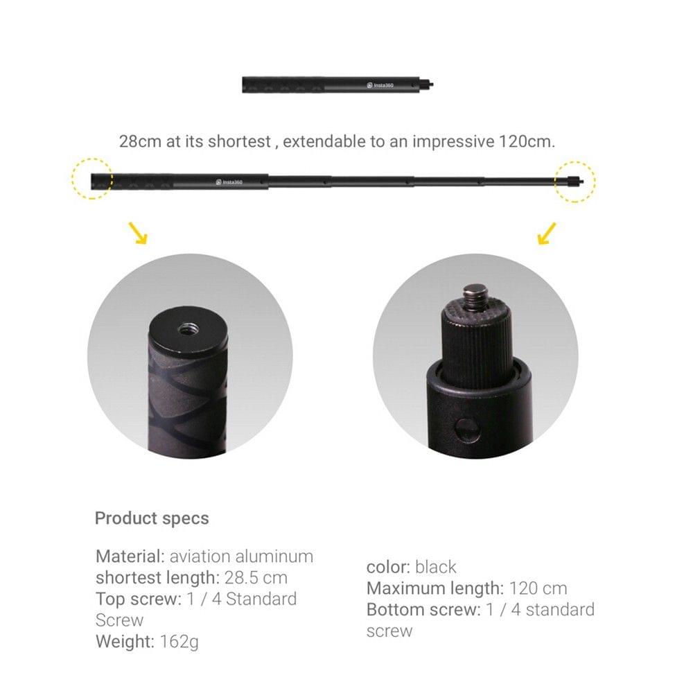 Insta360 Invisible Selfie Stick 1/4 Inch Screw 28cm-120cm Adjustable Length for Insta360 ONE X/ ONE/ EVO Camera