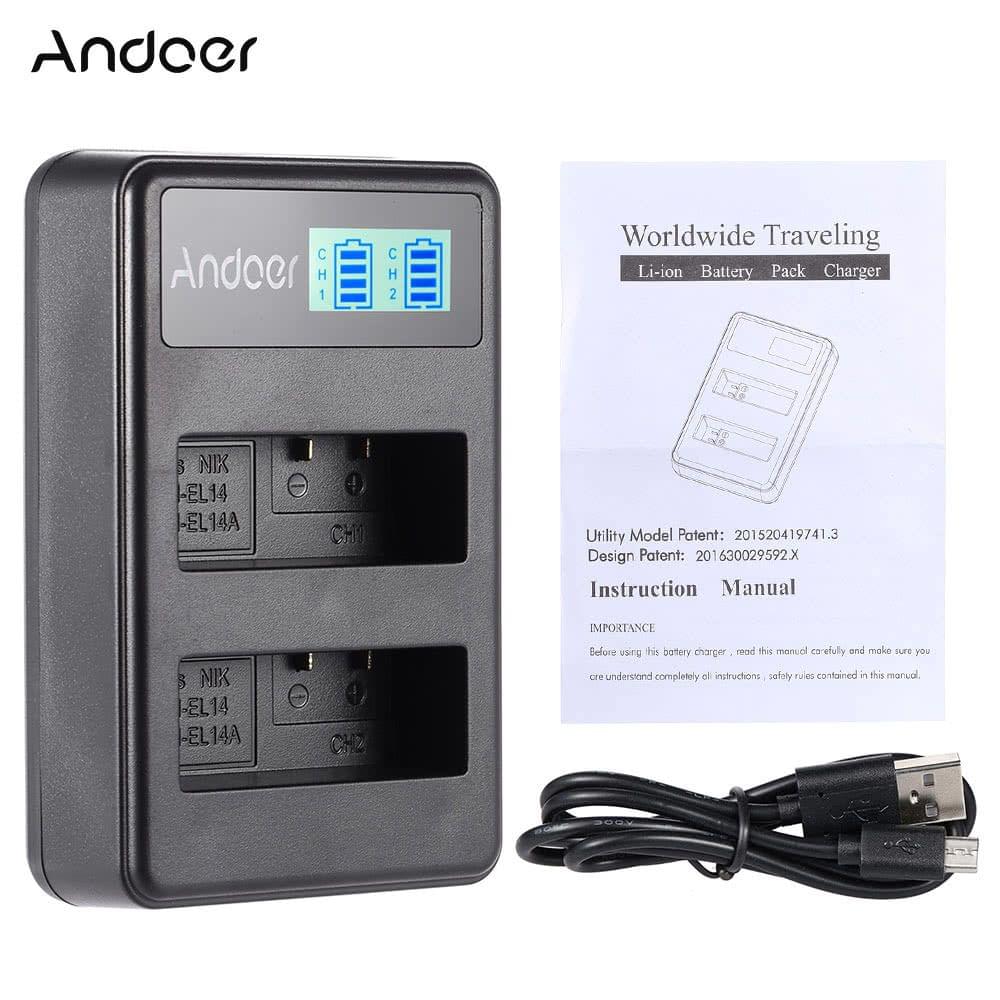 Andoer EN-EL14 EN-EL14A Rechargeable Li-ion Battery Charger Pack LED Display 2-Slot USB Cable Kit for Nikon D3100 D3200 D3300 D5100 D5200 D5300 D5500 DF Coolpix P7000 P7100 P7700 P7800 DSLR Camera