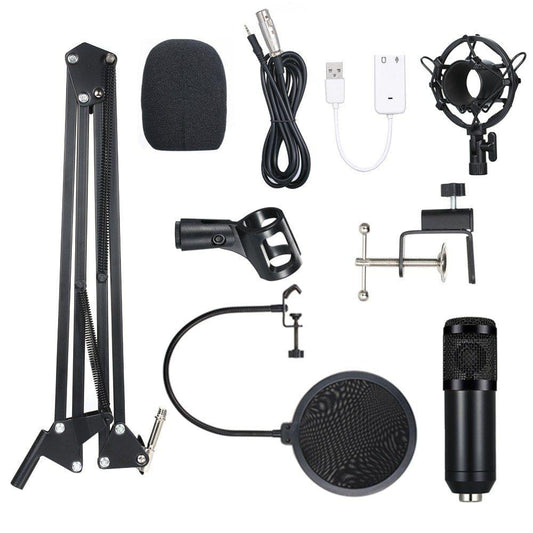 BM800 Condenser Microphone Lit Pro Audio Studio Recording & Brocasting Adjustable Mic Suspension Scissor Arm Pop Filter Black