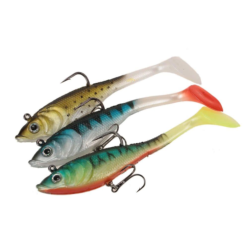 3Pcs 3D Eyes Fishing Lures Set Kit with T Tail Trebble Hook Soft Fishing Lure Baits Artificial Bait Lure