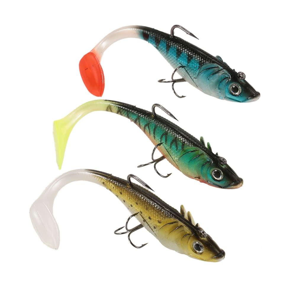3Pcs 3D Eyes Fishing Lures Set Kit with T Tail Trebble Hook Soft Fishing Lure Baits Artificial Bait Lure