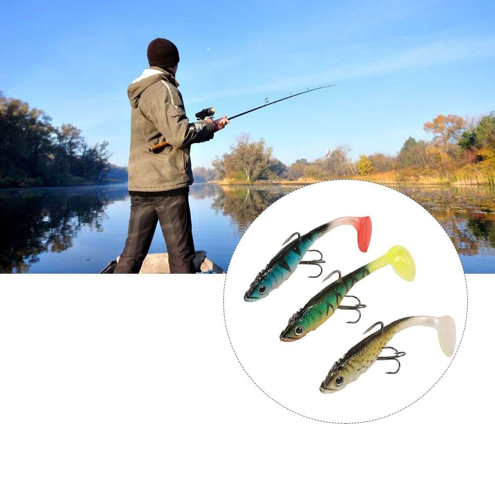 3Pcs 3D Eyes Fishing Lures Set Kit with T Tail Trebble Hook Soft Fishing Lure Baits Artificial Bait Lure