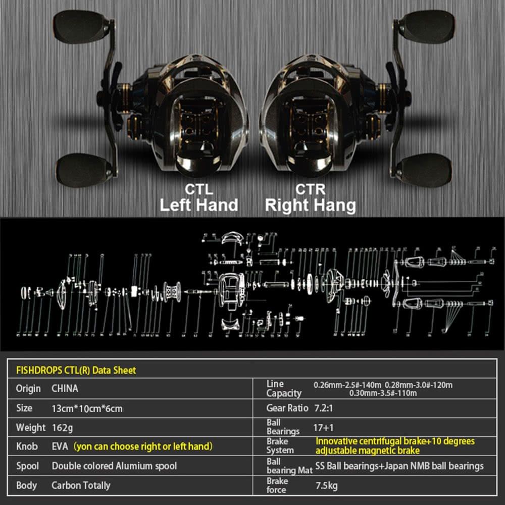 17+1 Ball Bearings Carbon Baitcasting Fishing Reel 7.0:1 Bait Casting Reels Left / Right Hand Fishing Reel with One Way Clutch Baitcasting Reel