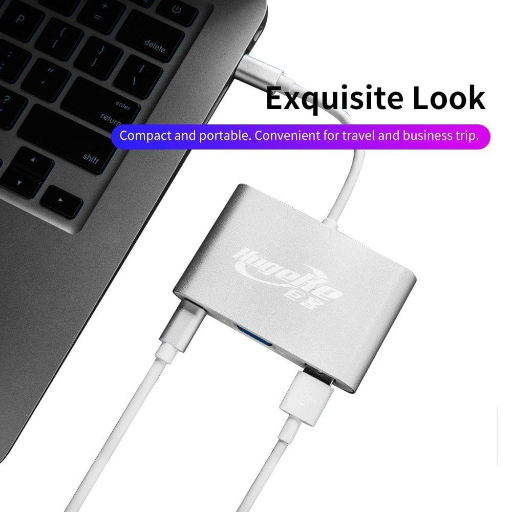Hugeke 3 in 1 Type-C Expansion Hub USB C to USB3.0/VGA/PD Adapter 1080P Converter for Mac/Huawei/Samsung (Silver)