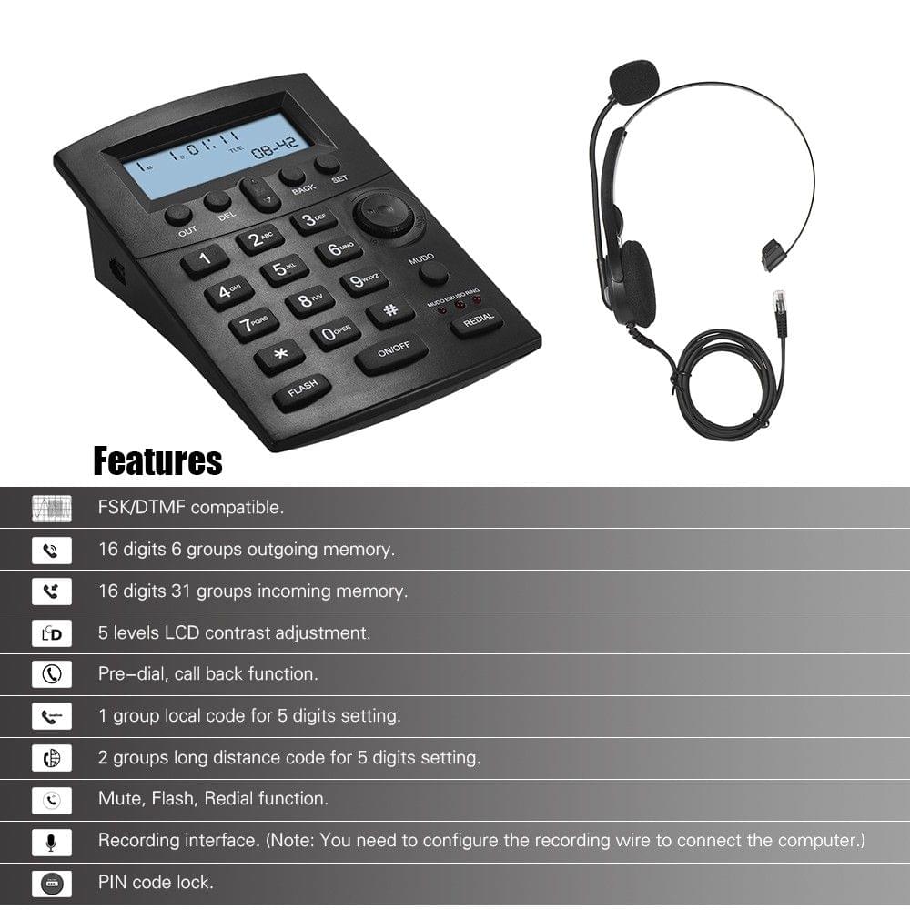 HST-8000 English Telephone Set Call Center Telephone With Protecting Earphone Flexible Microphone LCD Display Pre-dial Call Back Mute Flash Redial Functions with Recording Interface