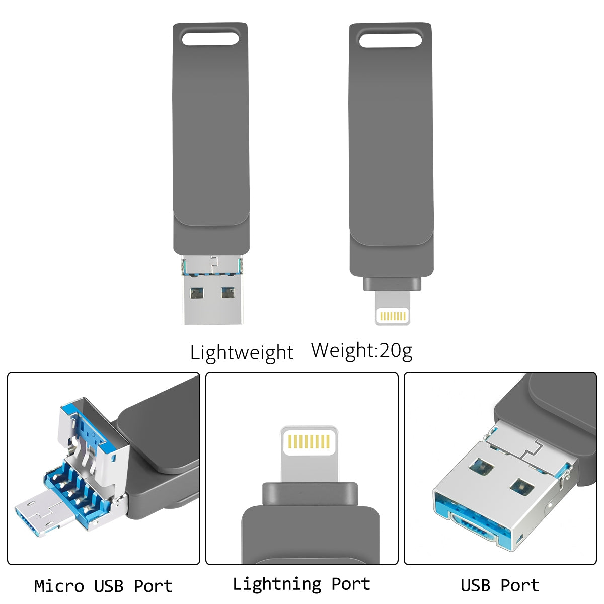 Uniqkart R-PK004 32GB 3 in 1 Lightning/Micro USB/USB 3.0 Flash Drive Memory Stick OTG U Disk - Silver