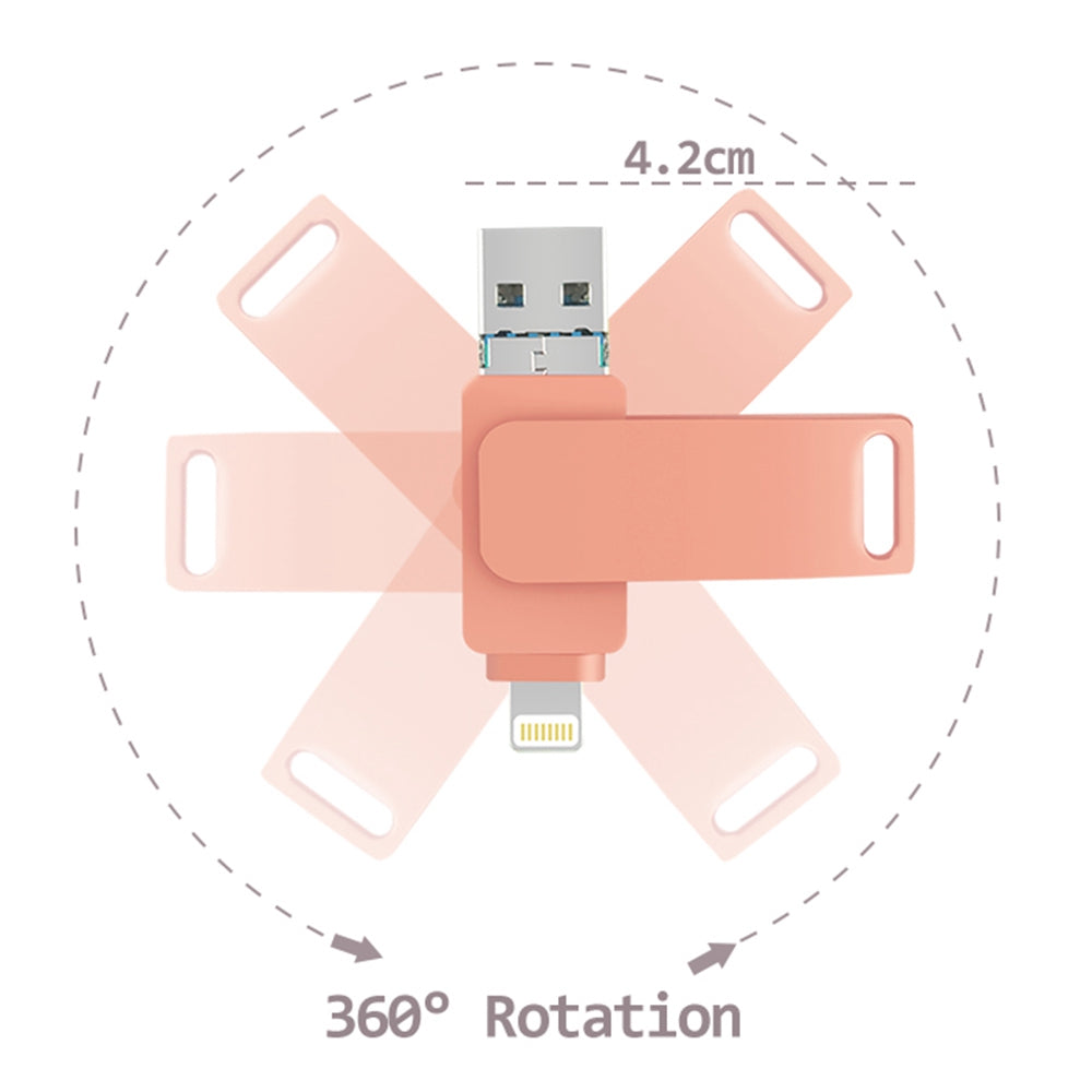 Uniqkart R-PK004 16GB OTG U Disk Memory Stick Lightning/Micro USB/USB 3.0 3 in 1 Rotary Flash Drive - Pink