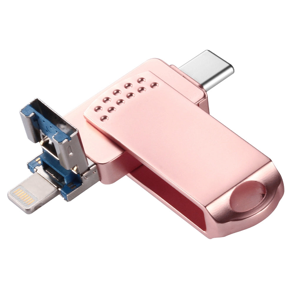 Uniqkart 128GB Type C/Lightning/USB 3 in 1 Thumb Drive Swivel Memory Stick USB 3.0 Flash Drive - Pink