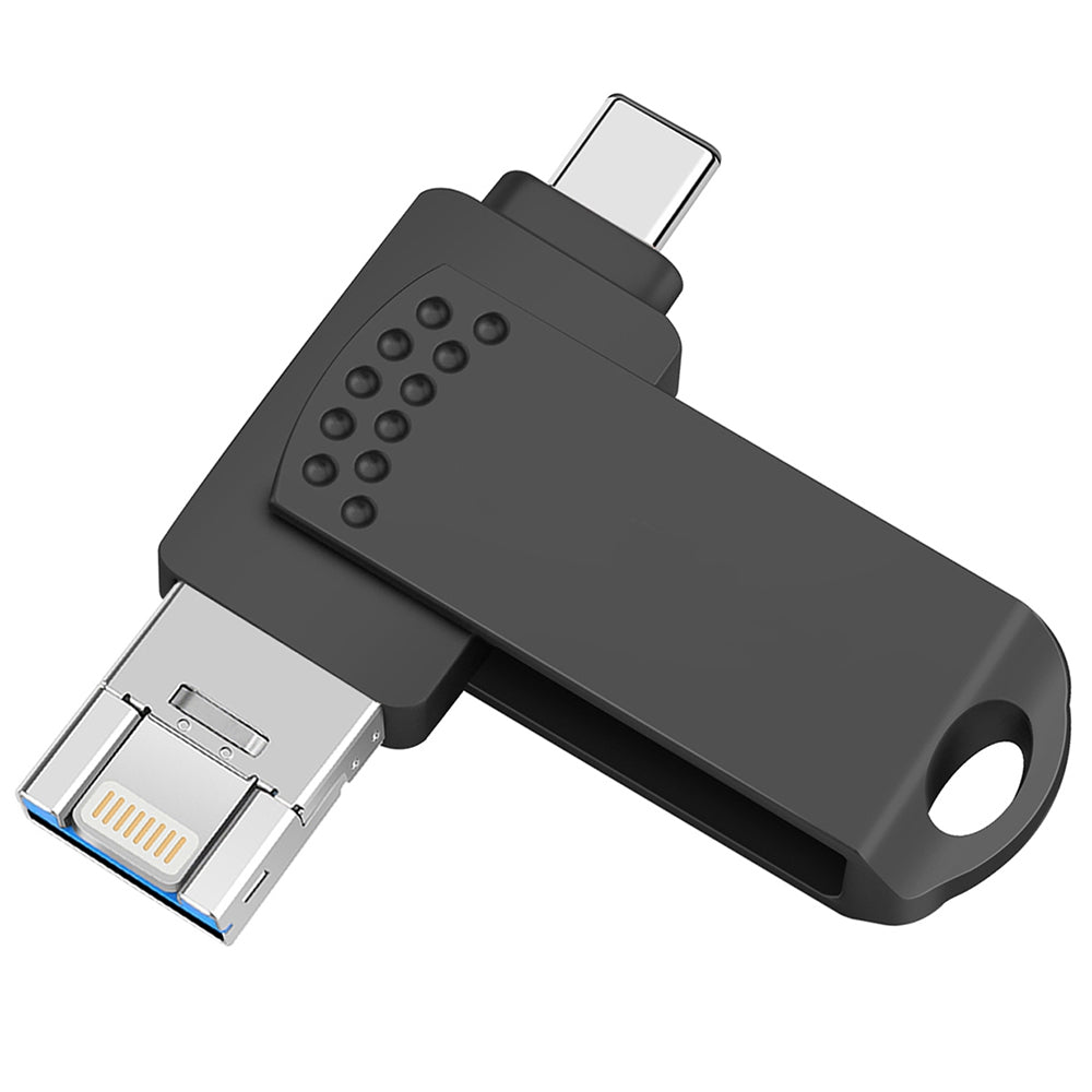 Uniqkart 64GB Portable U Disk, USB 3.0 Flash Drive Type C/Lightning/USB Thumb Drive Swivel Memory Stick - Black