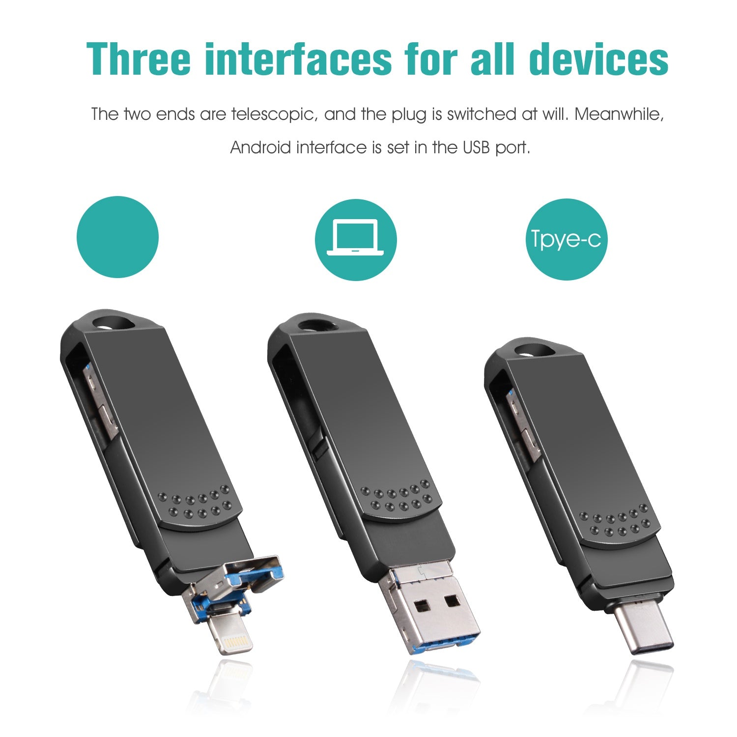 Uniqkart 64GB Portable U Disk, USB 3.0 Flash Drive Type C/Lightning/USB Thumb Drive Swivel Memory Stick - Black