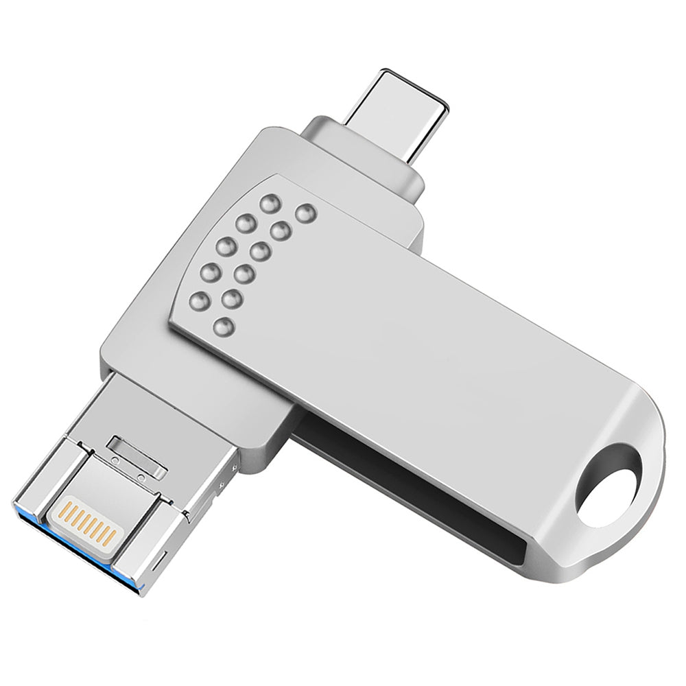 Uniqkart 64GB Portable U Disk, USB 3.0 Flash Drive Type C/Lightning/USB Thumb Drive Swivel Memory Stick - Silver