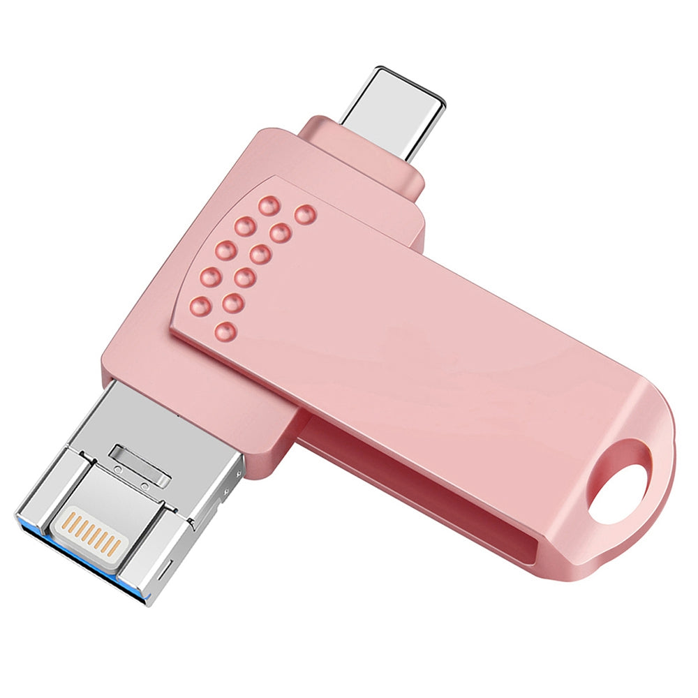 Uniqkart 64GB Portable U Disk, USB 3.0 Flash Drive Type C/Lightning/USB Thumb Drive Swivel Memory Stick - Pink