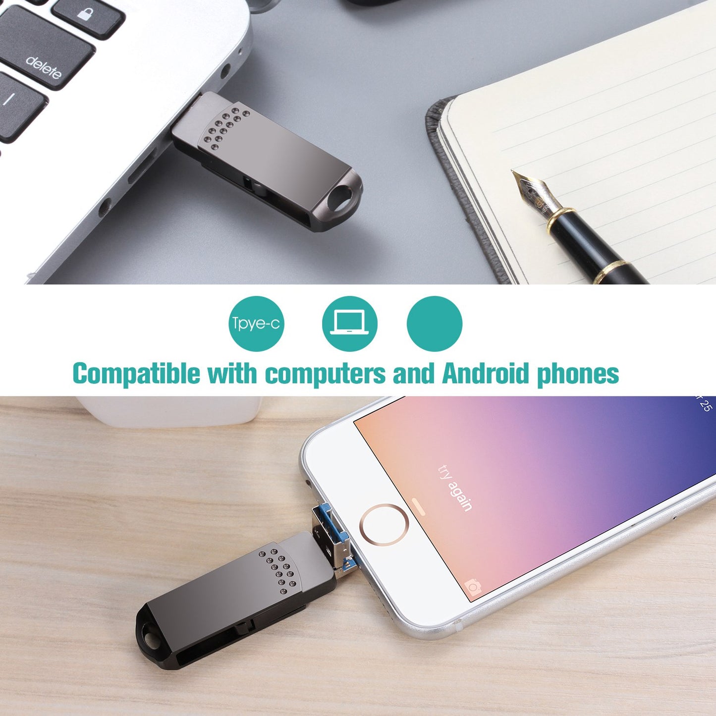 Uniqkart 64GB Portable U Disk, USB 3.0 Flash Drive Type C/Lightning/USB Thumb Drive Swivel Memory Stick - Pink