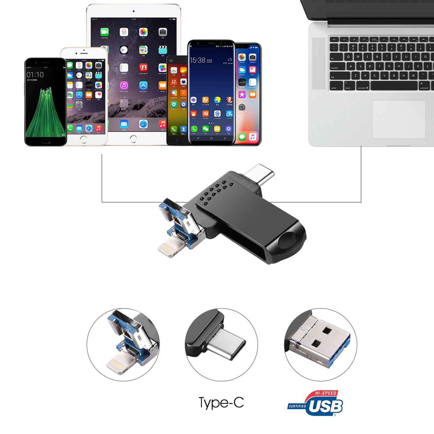 Uniqkart 16GB 3 in 1 External Storage Thumb Drive Type C/Lightning/USB Swivel Memory Stick USB 3.0 Flash Drive - Silver