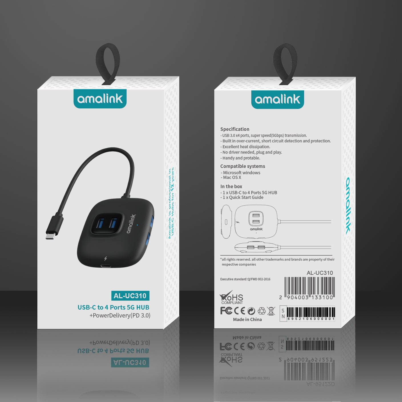 AL-UC310 Portable 5Gbps Type-C to USB 3.0 4 Ports + PD 3.0 Hub