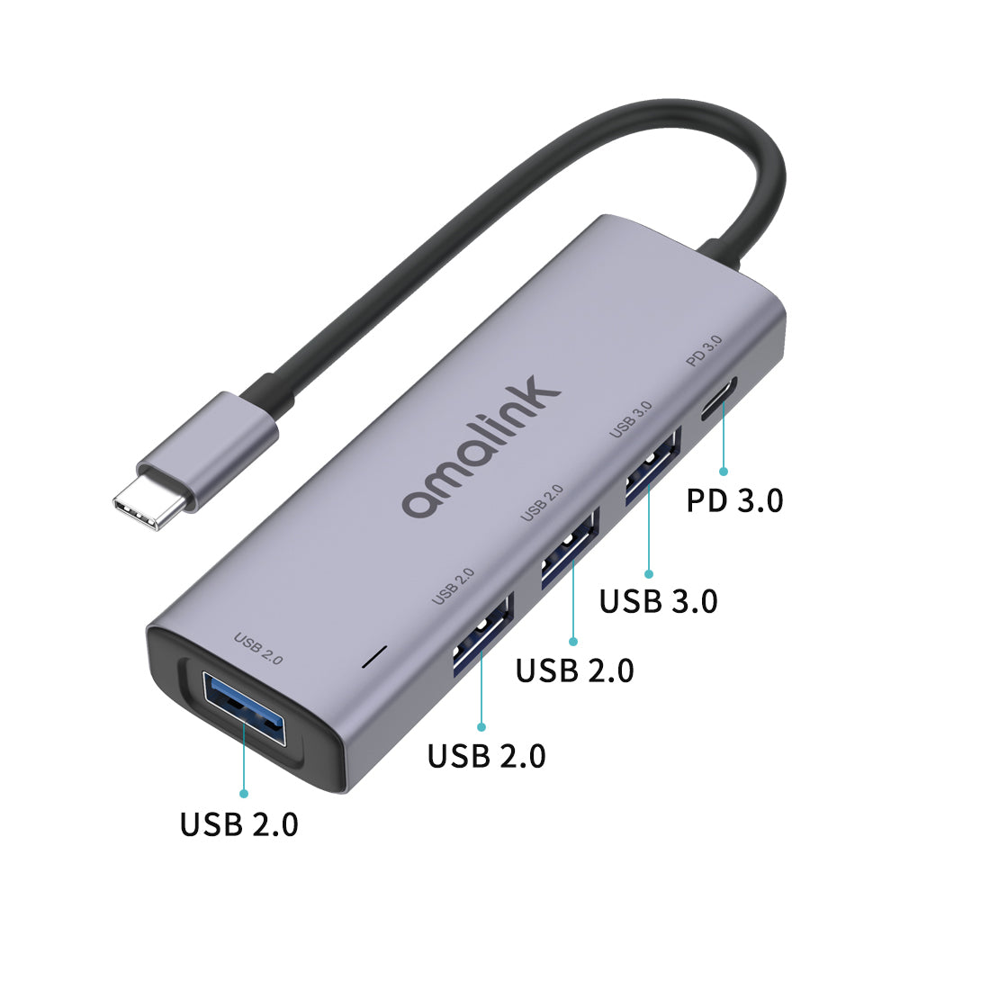 AL-95119D 5-in-1 USB C Hub to 4xUSB Ports and 1xPD3.0 Port Adapter Fast Charging USB C Hub for Laptops Computers Mobile Phones