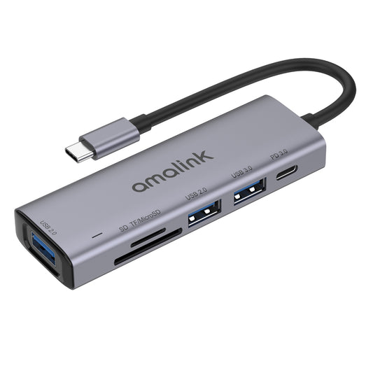 AL-95120D 6 in 1 Type C Hub TF Card Reader 2x USB 2.0 3.0 PD 3.0 Fast Charging Adapter