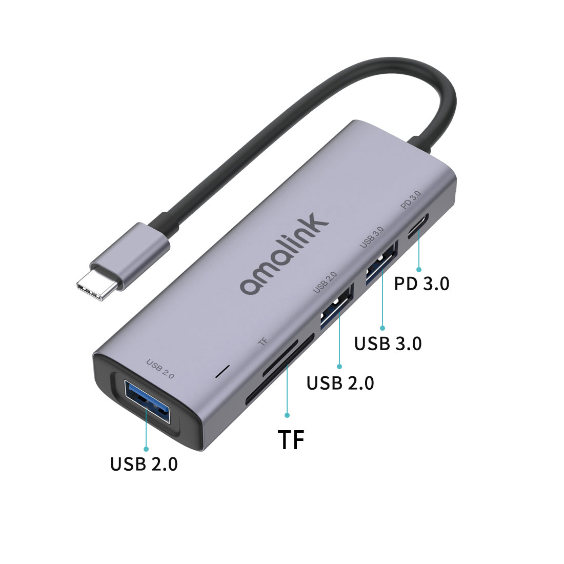 AL-95120D 6 in 1 Type C Hub TF Card Reader 2x USB 2.0 3.0 PD 3.0 Fast Charging Adapter
