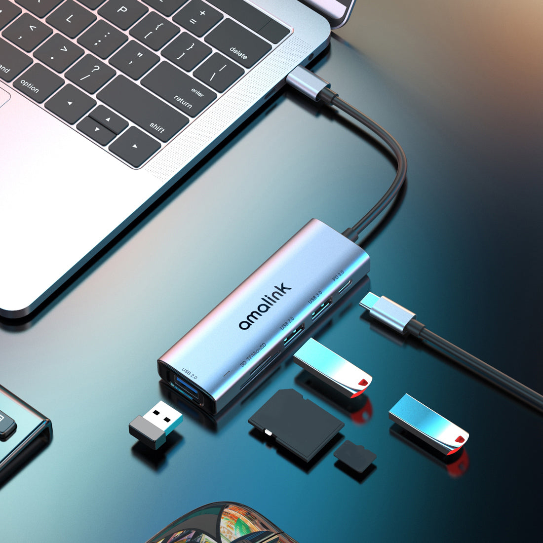 AL-95120D 6 in 1 Type C Hub TF Card Reader 2x USB 2.0 3.0 PD 3.0 Fast Charging Adapter