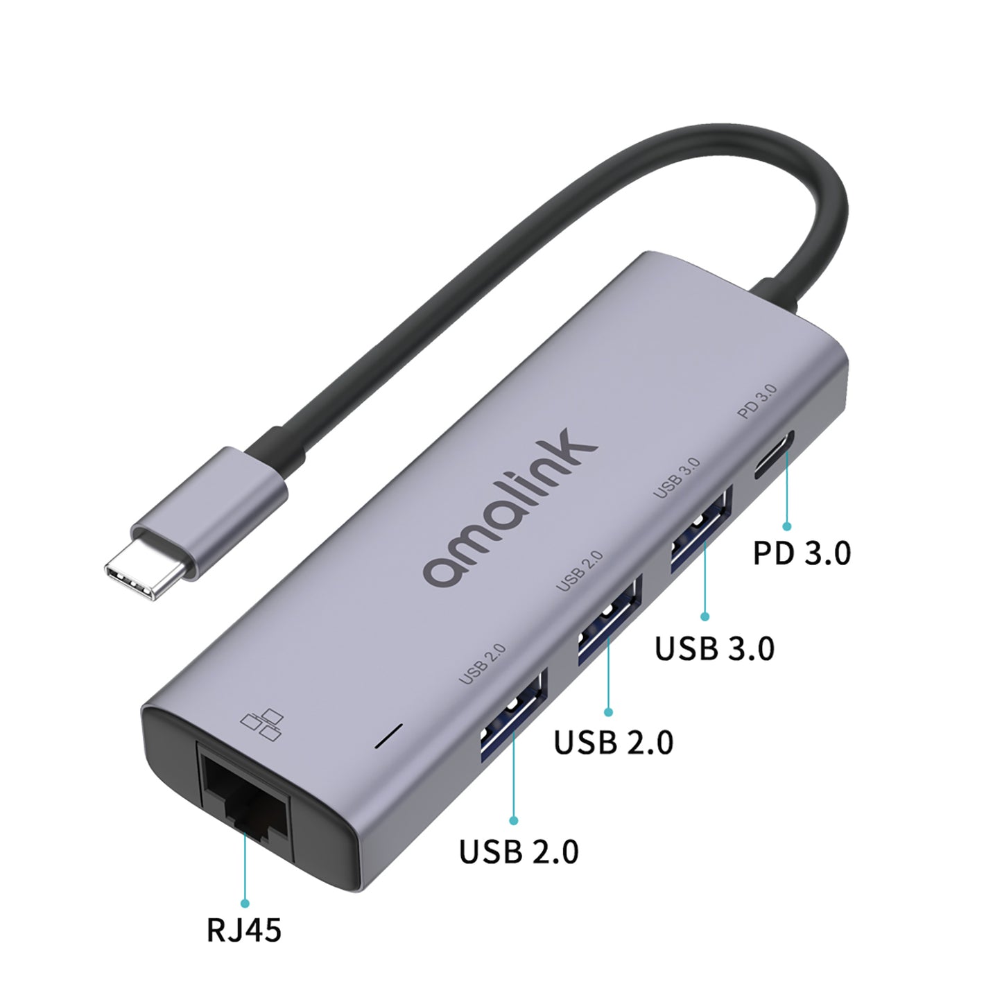 5 in 1 Driver Free Type C Hub 2x USB 2.0 3.0 PD 3.0 RJ45 Lan Adapter