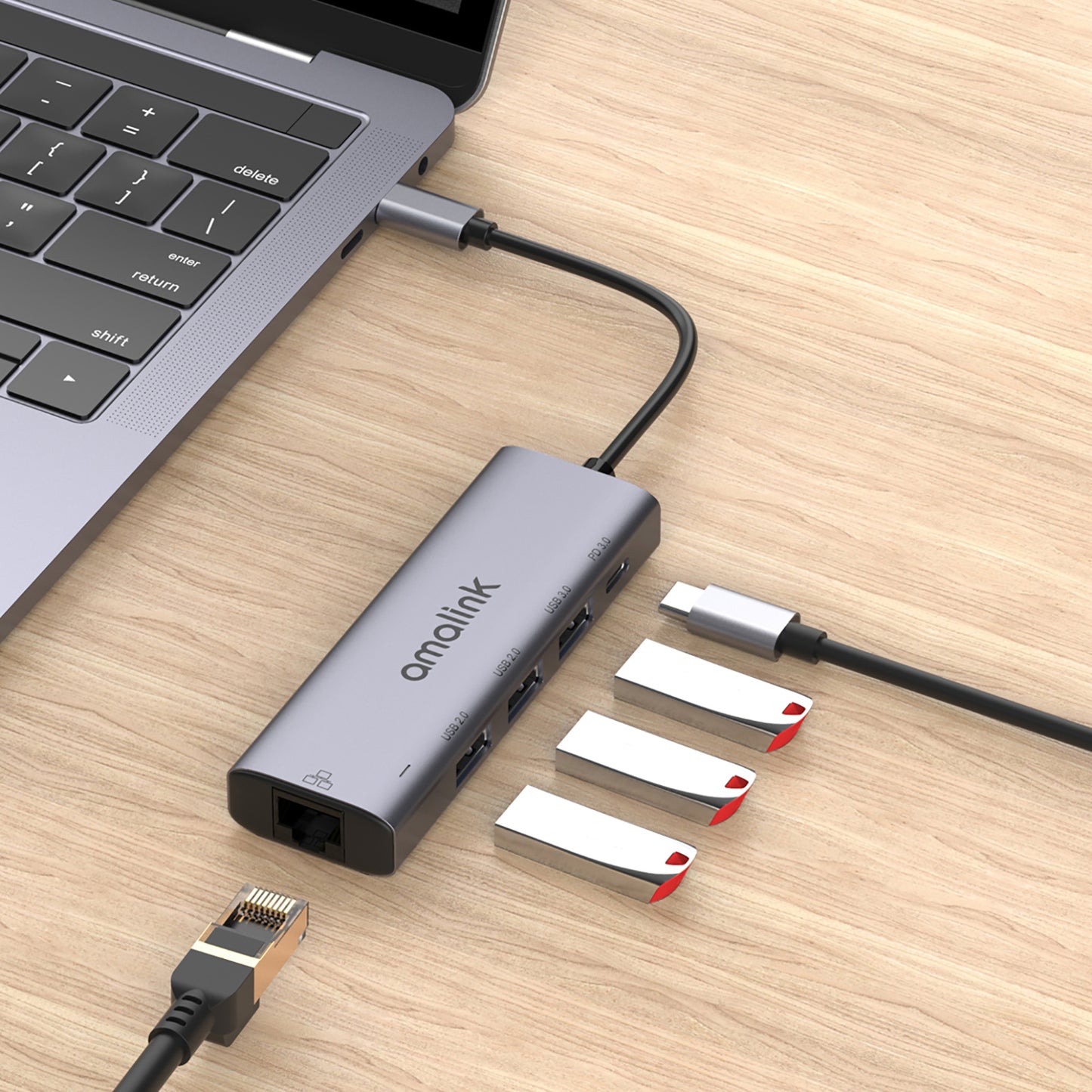 5 in 1 Driver Free Type C Hub 2x USB 2.0 3.0 PD 3.0 RJ45 Lan Adapter