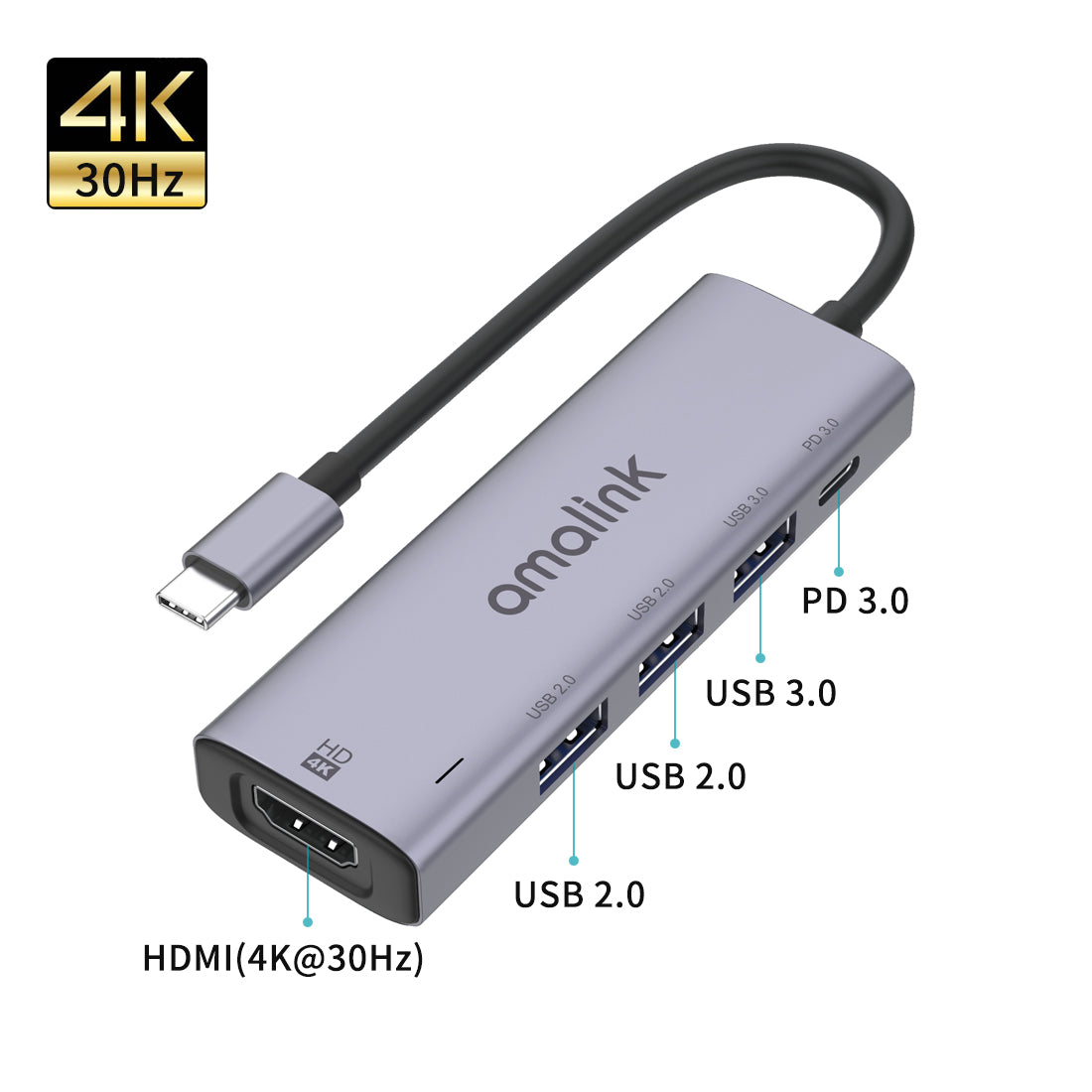 AL-95123D 5 in 1 86W Power Delivery Type C Hub 4K HDMI 2x USB 2.0 3.0 PD 3.0 Adapter for Mac OS X Microsoft Windows