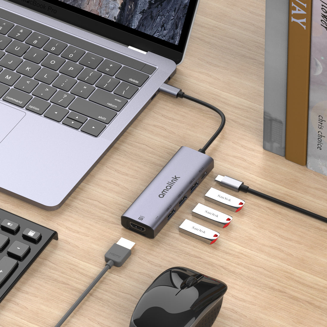 AL-95123D 5 in 1 86W Power Delivery Type C Hub 4K HDMI 2x USB 2.0 3.0 PD 3.0 Adapter for Mac OS X Microsoft Windows