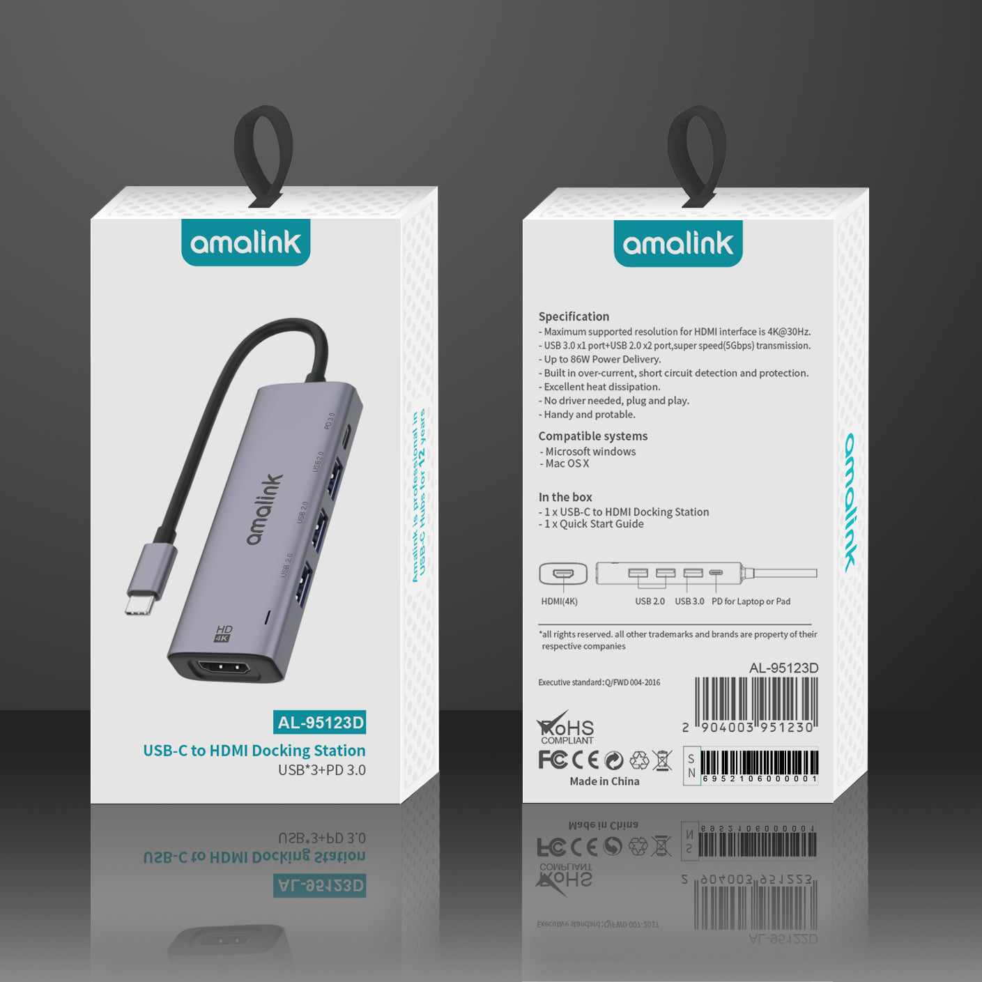 AL-95123D 5 in 1 86W Power Delivery Type C Hub 4K HDMI 2x USB 2.0 3.0 PD 3.0 Adapter for Mac OS X Microsoft Windows