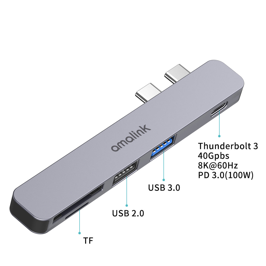 AL-9177D Multi-port Hub Dual Type C to Thunderbolt 3 USB 2.0 3.0 Converter TF Card Reader Adapter