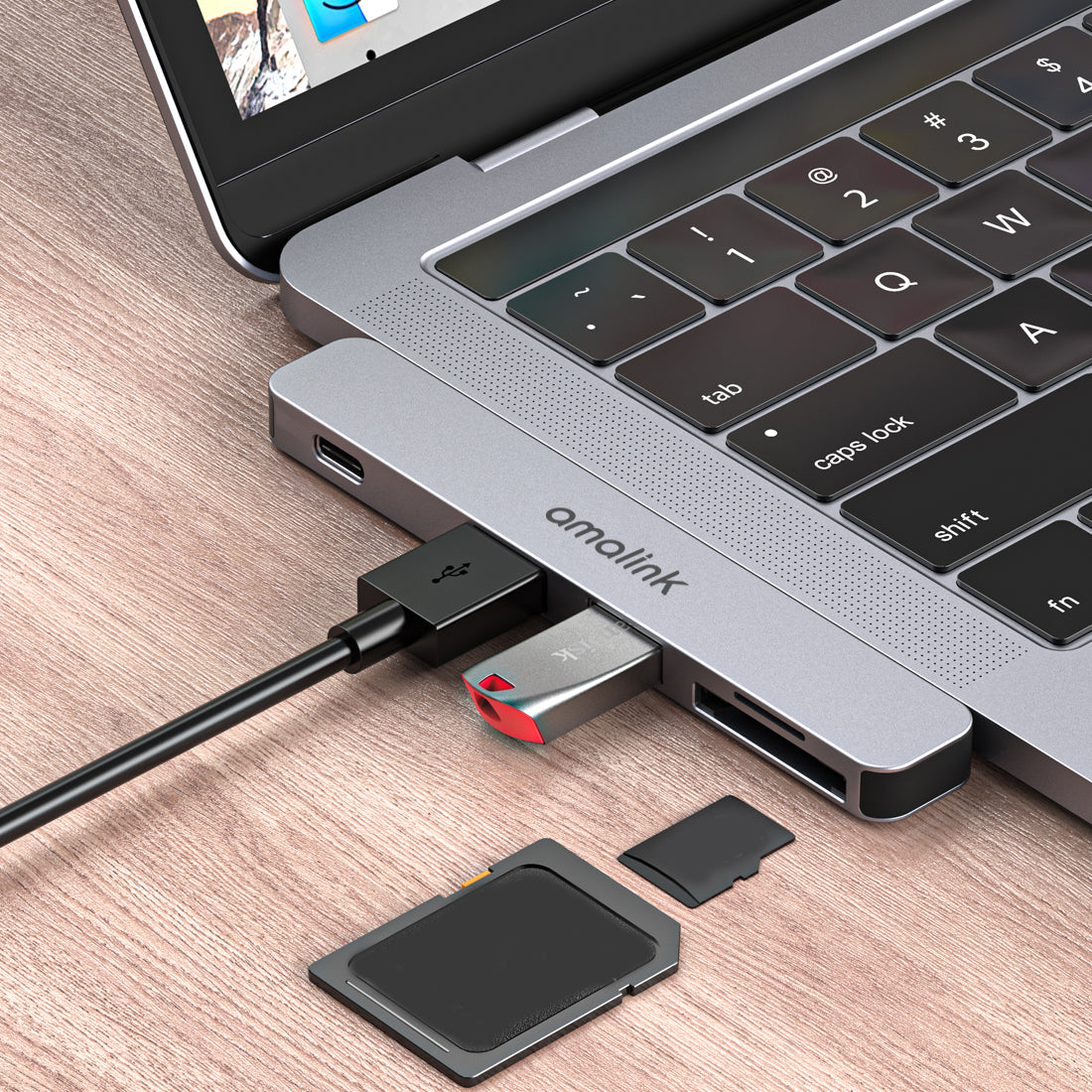 AL-9177D Multi-port Hub Dual Type C to Thunderbolt 3 USB 2.0 3.0 Converter TF Card Reader Adapter