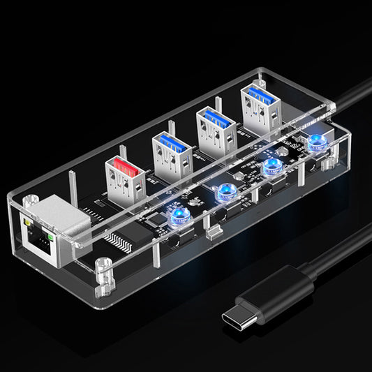 1719C 5 in 1 Type-C Network USB Hub 3-port USB3.0 + 2.1A Fast Charging Port + RJ45 Internet Port Fully Transparent USB Adapter