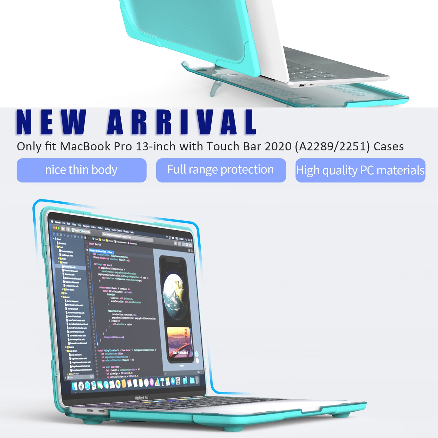 Hard PC Laptop Case Sleeve Notebook Computer Cover with Supporting Stand for MacBook Pro 13inch A2251 / A2289 / A2338 - Blue