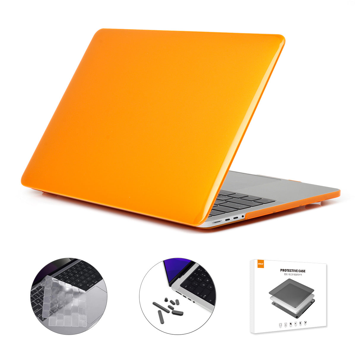 for MacBook Pro 16 inch (2021) A2485 (US Version) Crystal PC Laptop Protector Cover + Transparent TPU Keyboard Skin Film + Silicone Dust Plugs - Orange