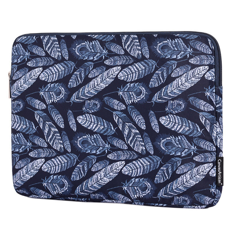 H4-03 Leaves Pattern Zipper Laptop Sleeve Shockproof Lining Canvas Carrying Bag for 11-inch Notebook