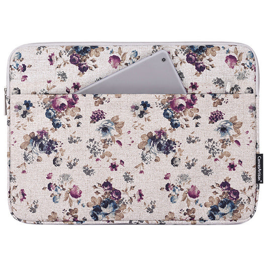 H2-12 Travel Laptop Liner Bag Flower Pattern Canvas Storage Pouch for 14-inch Notebook