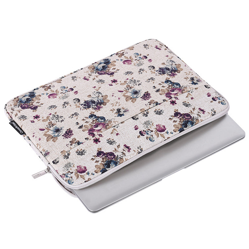 H2-12 Travel Laptop Liner Bag Flower Pattern Canvas Storage Pouch for 14-inch Notebook