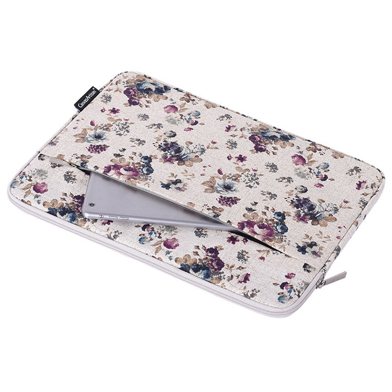 H2-12 Travel Laptop Liner Bag Flower Pattern Canvas Storage Pouch for 14-inch Notebook