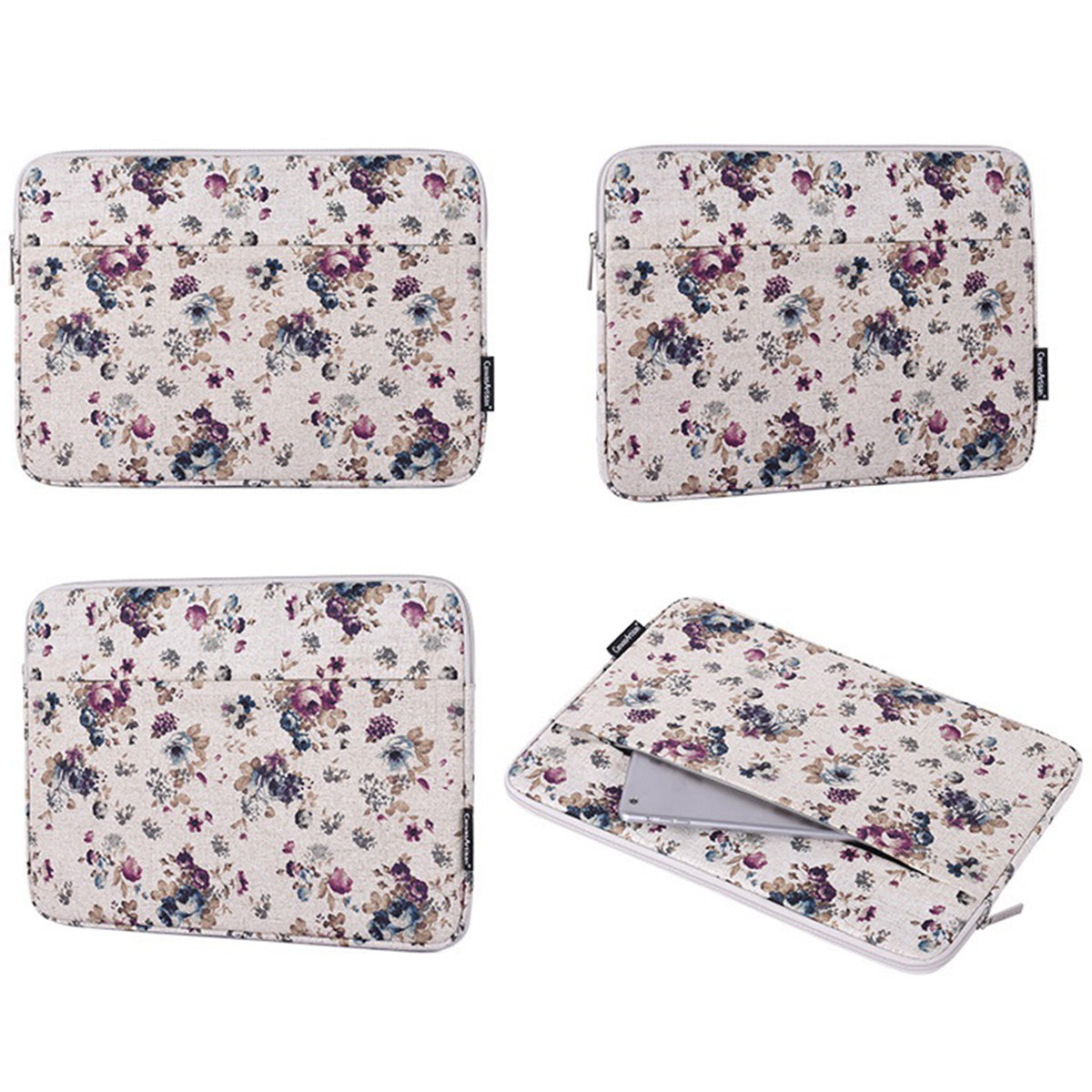 H2-12 Travel Laptop Liner Bag Flower Pattern Canvas Storage Pouch for 14-inch Notebook
