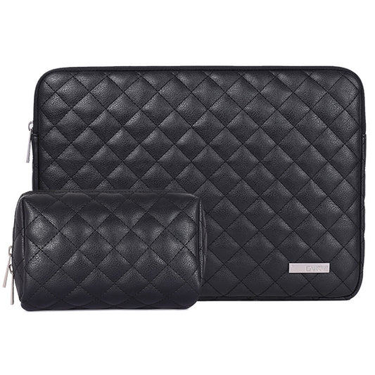 Rhombus Grid PU Leather Notebook Sleeve Computer Sleeve 12inch Laptop Business Style Large Bag - Black