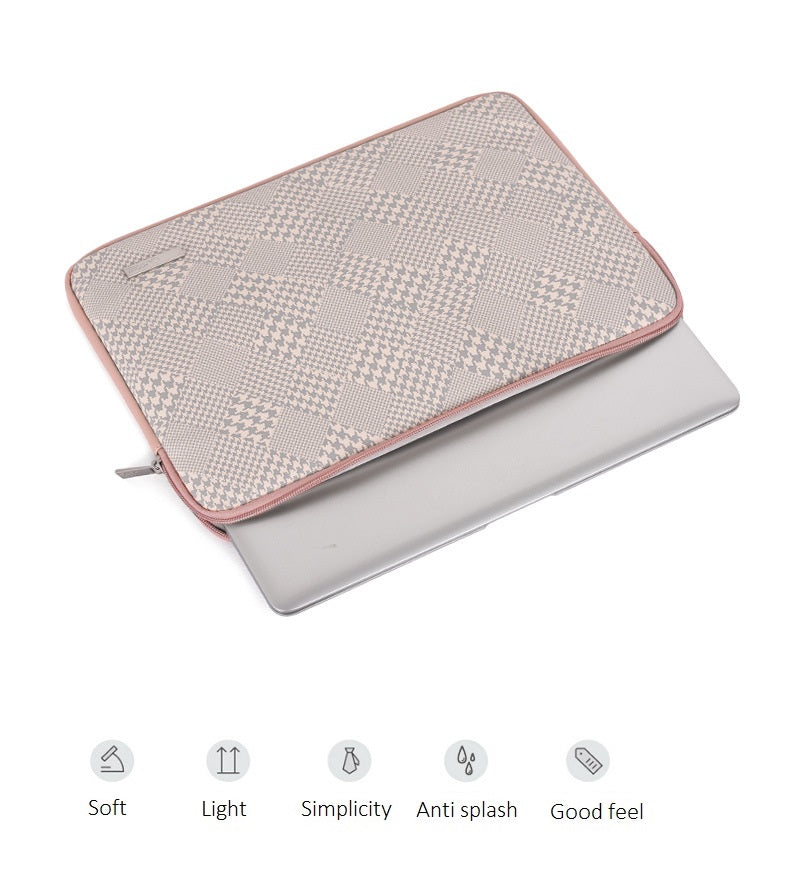 Canvasartisan L21-451 Houndstooth Pattern Anti-splash Laptop Sleeve Protective Case + Small Bag for 12-inch Notebook - Pink Edge
