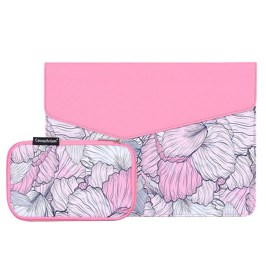 E56-T1321 12-inch Laptop Carrying Bag Flower Pattern PU Leather Notebook Sleeve with Small Bag