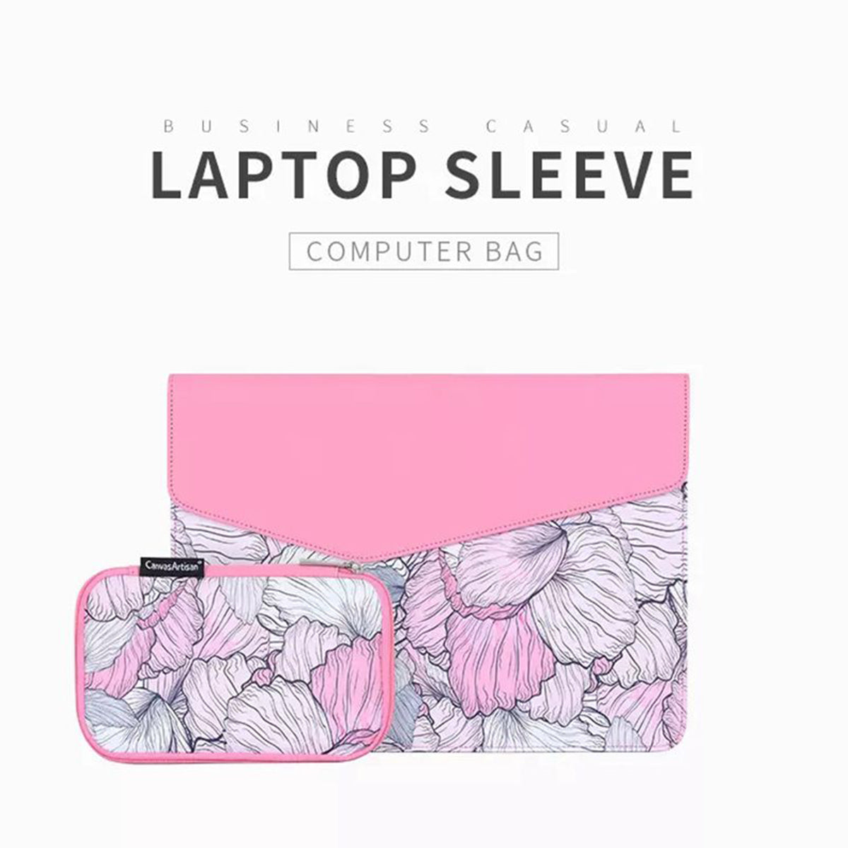 E56-T1321 12-inch Laptop Carrying Bag Flower Pattern PU Leather Notebook Sleeve with Small Bag