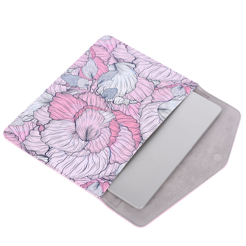E56-T1321 12-inch Laptop Carrying Bag Flower Pattern PU Leather Notebook Sleeve with Small Bag