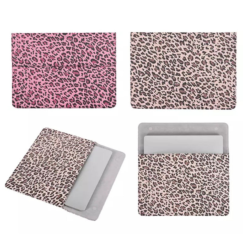 Leopard Printed Fashion Laptop Sleeve PU Leather Magnetic Lid Envelope Notebook Bag - Yellow/15 inch