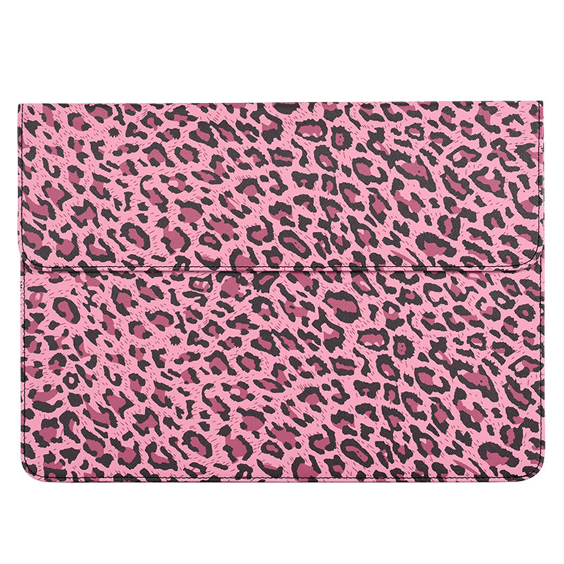 Leopard Printed Fashion Laptop Sleeve PU Leather Magnetic Lid Envelope Notebook Bag - Pink/14 inch