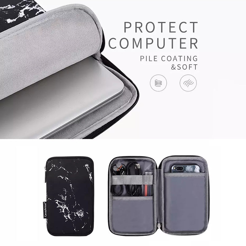 Marble Pattern Zipper Closure Laptop Carrying Bag Notebook Protective Sleeve with Small Bag - Black/for 12-inch Laptop