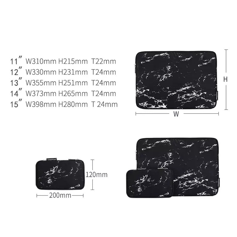 Marble Pattern Zipper Closure Laptop Carrying Bag Notebook Protective Sleeve with Small Bag - Black/for 12-inch Laptop