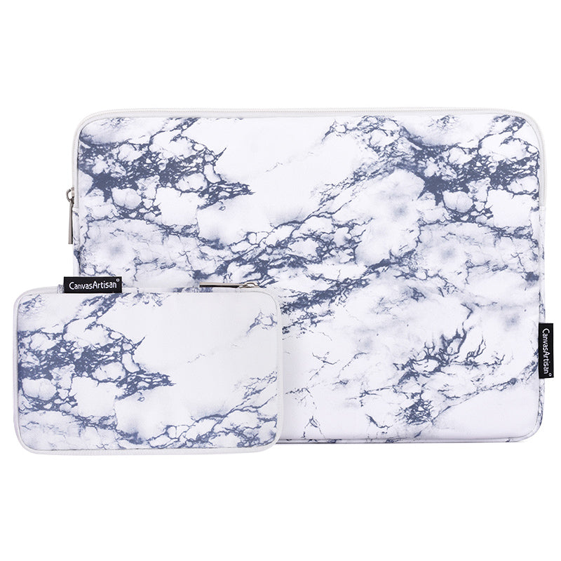 Marble Pattern Zipper Closure Laptop Carrying Bag Notebook Protective Sleeve with Small Bag - White/for 14-inch Laptop