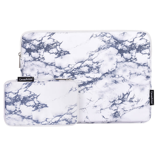 Marble Pattern Zipper Closure Laptop Carrying Bag Notebook Protective Sleeve with Small Bag - White/for 15-inch Laptop