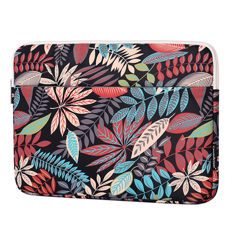 Leaves Printing Scratch-resistant Laptop Sleeve Polyester Zipper Notebook Bag - Black/for 14-inch Laptop
